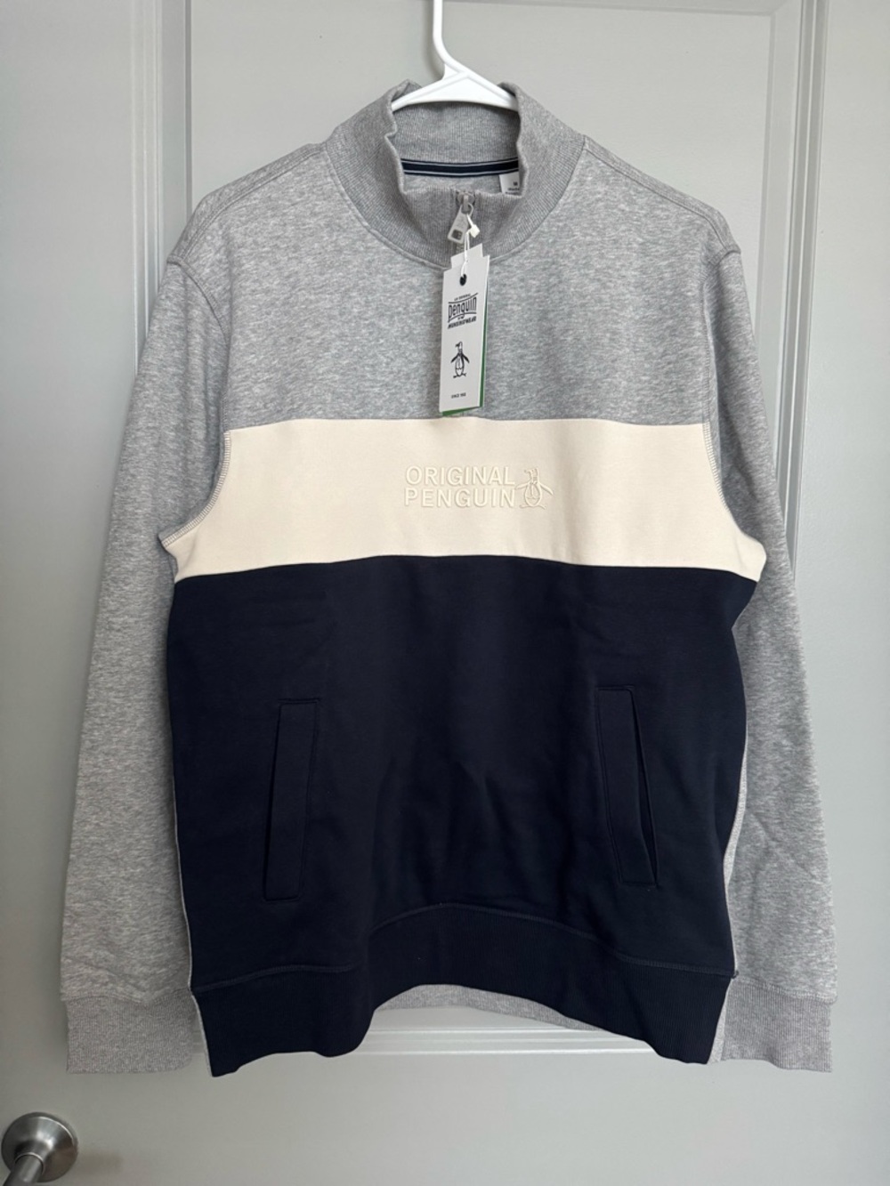 Original Penguin Grey White Navy Colorblock Quarter-Zip Pullover